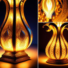 Ornate illuminated lamps with intricate patterns on dark background