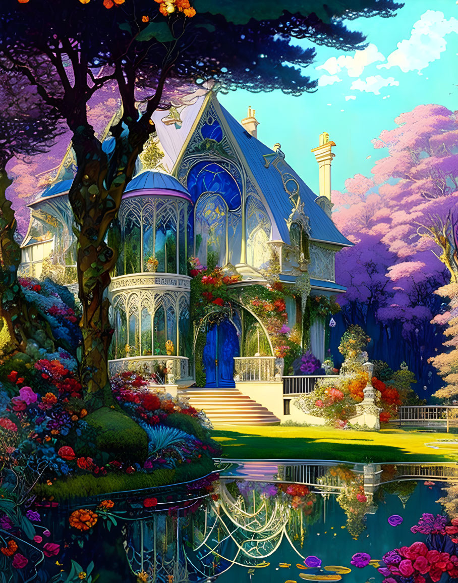 Whimsical illustration: Ornate blue house in lush garden