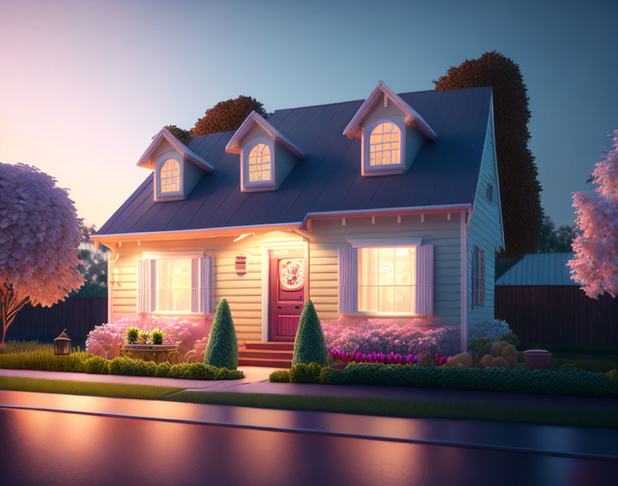 Blue House with Pink Door and Shutters in Well-Manicured Garden at Dusk