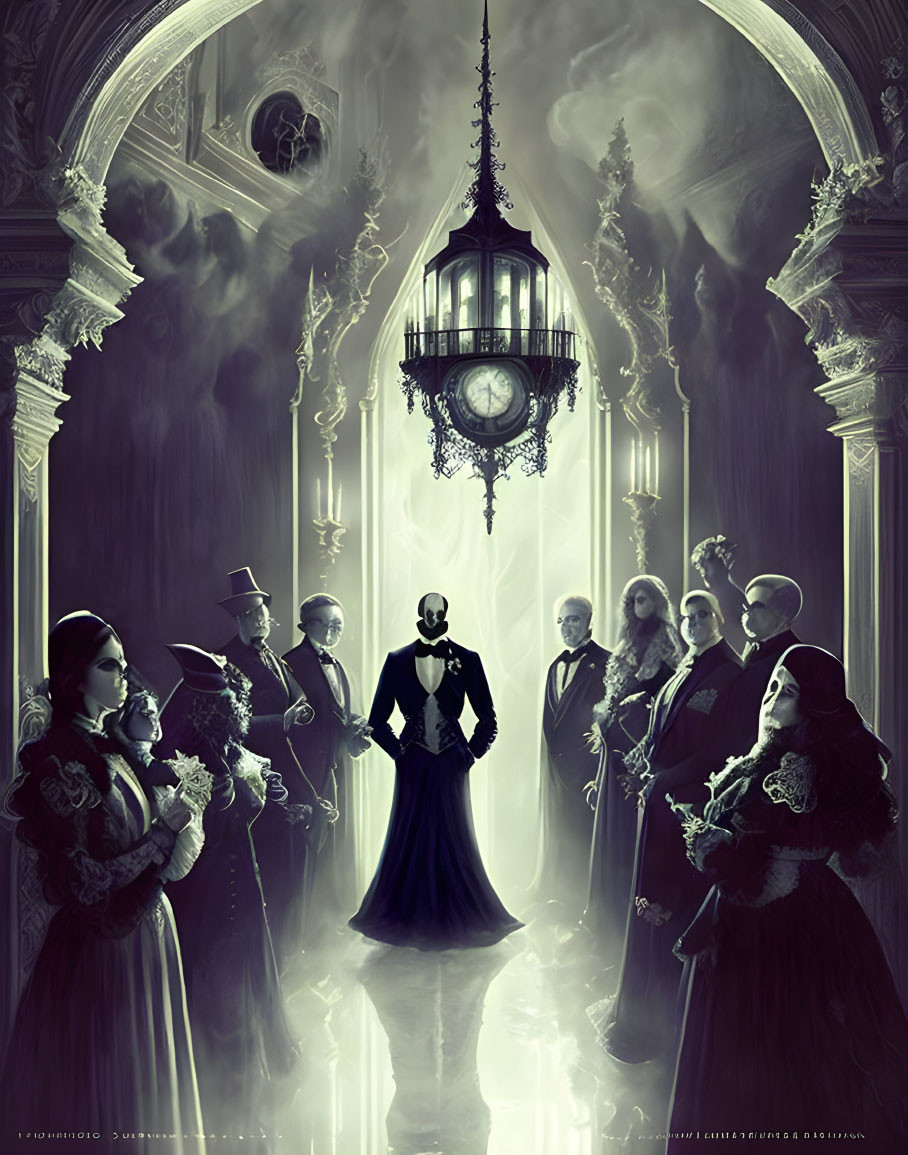 Victorian-style gathering in eerie, gothic room with hanging clock