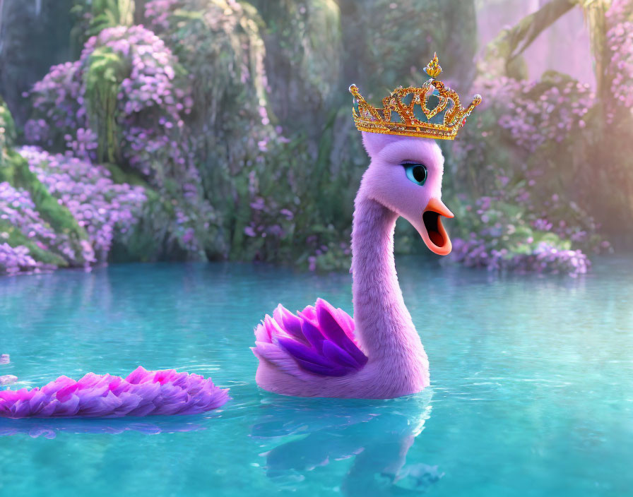 Cartoon swan with crown in purple hue on tranquil water in flower-filled landscape