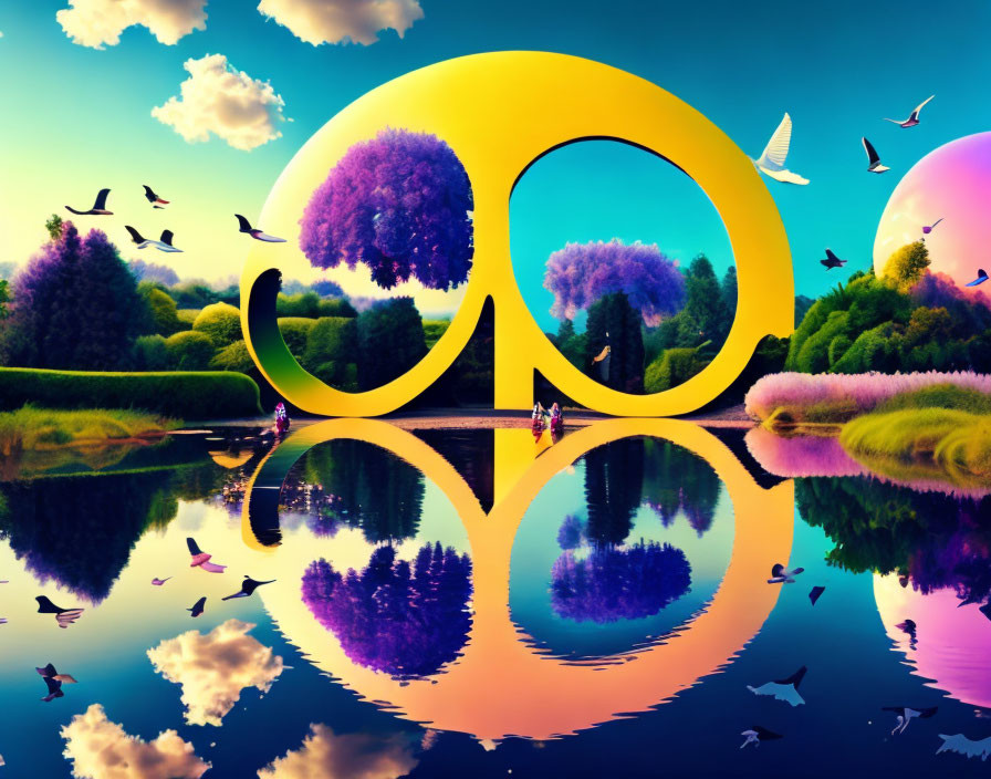 Surreal landscape with yellow sculpture, mirrored trees, birds, lake, and moon