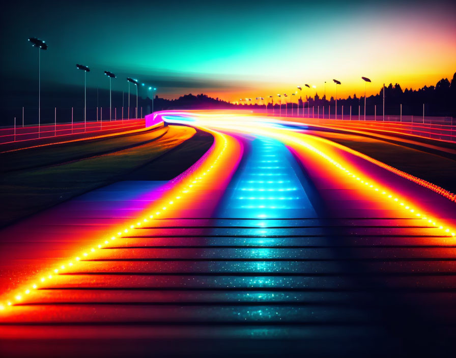 Neon-lit racetrack at twilight with streaming lights