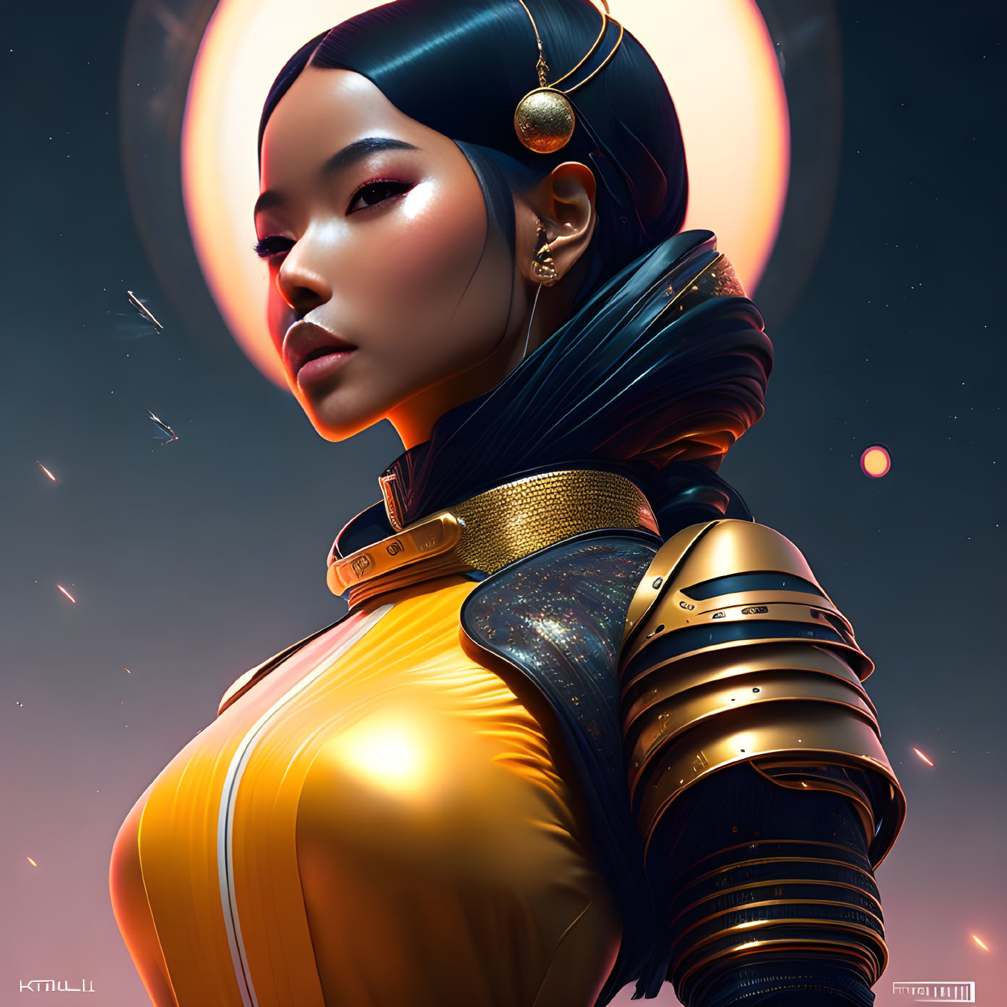 Futuristic female warrior in sleek armor against cosmic backdrop