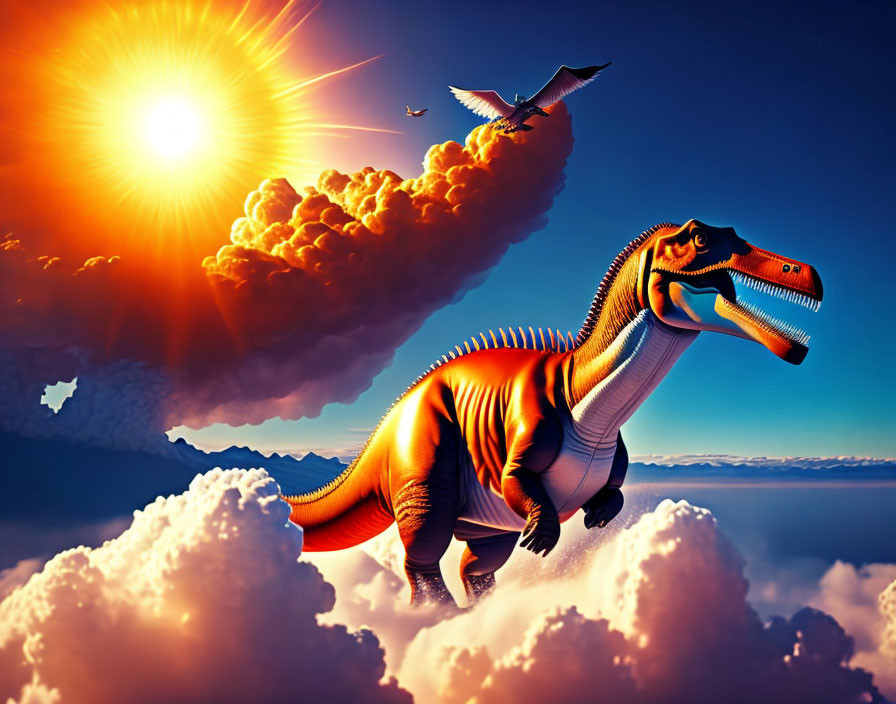 Colorful digital artwork of roaring dinosaur in cloudy sky with sun and flying pterosaurs.