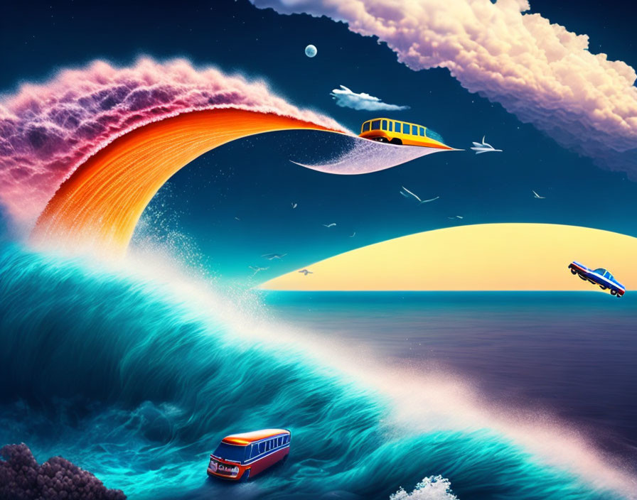 Surreal artwork: buses surfing ocean waves under colorful sky