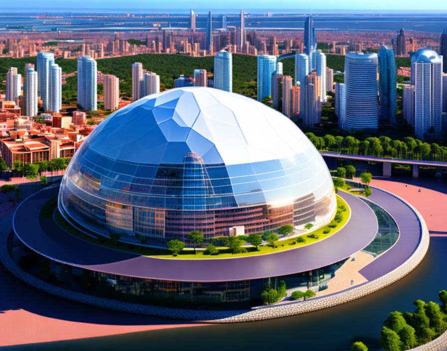 Futuristic dome structure amidst water in modern cityscape