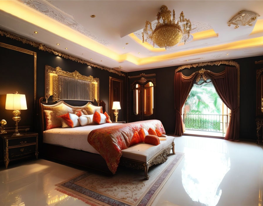 Luxurious Bedroom with Large Bed and Ornate Chandeliers