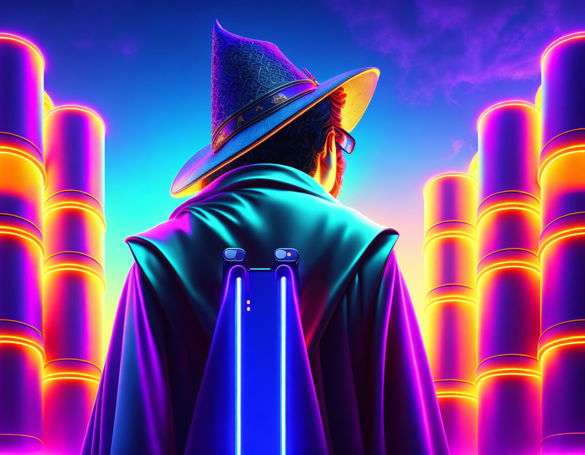 Person in Wide-Brimmed Hat and Glowing Blue Suit Observes Futuristic Neon-Lit City