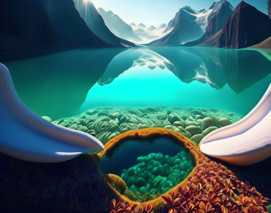 Colorful Digital Art: Serene Lake, Reflecting Mountains & Whimsical Whale Tales