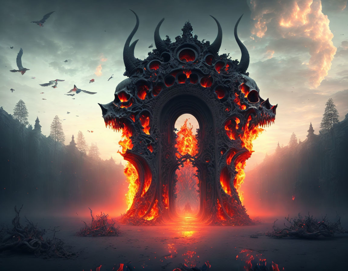 Ornate fiery gateway with demonic designs in misty forest under ominous sky