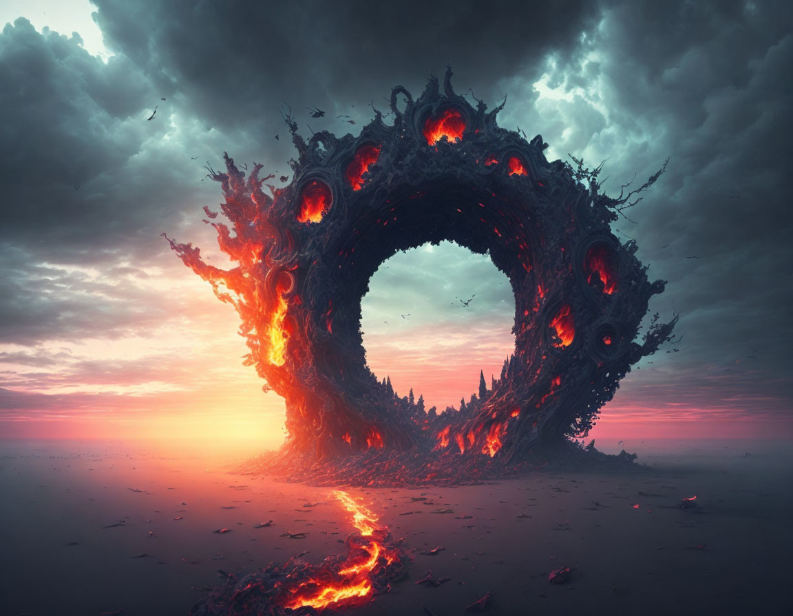 Intricate fiery ring above desolate landscape with lava trail