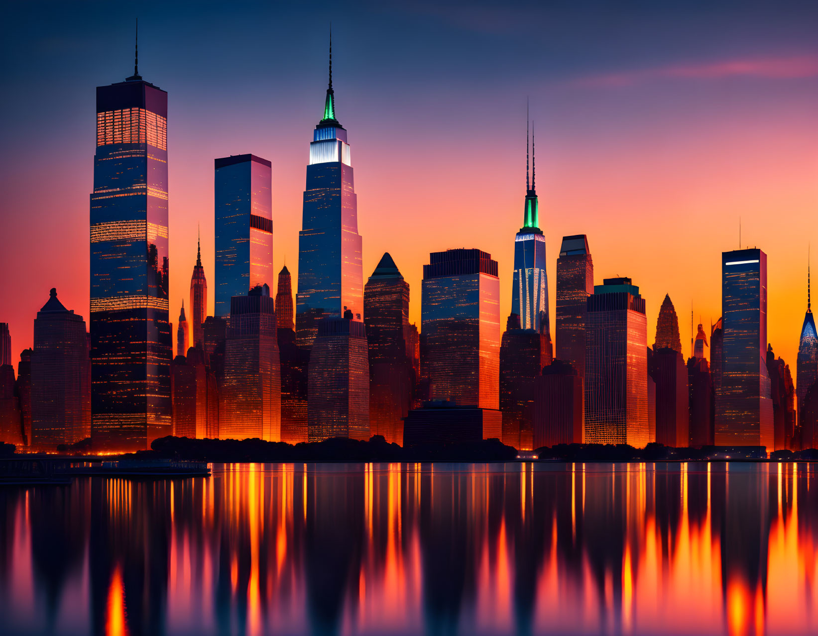 City skyline at sunset with silhouetted skyscrapers and calm water reflection.