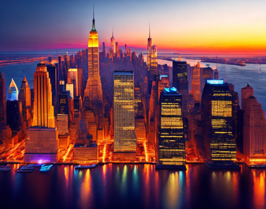 City skyline at sunset with illuminated skyscrapers against dramatic sky