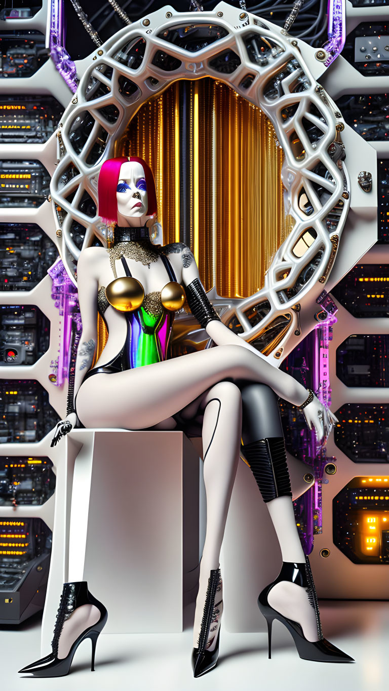 Futuristic female android with vibrant makeup and stylish attire in front of intricate machinery