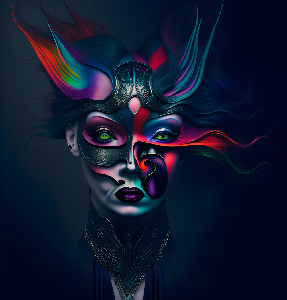 Vivid multicolored fantasy mask woman artwork