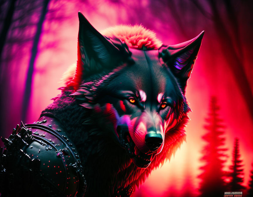 Fantasy wolf in dark fur and armor against mystical forest.