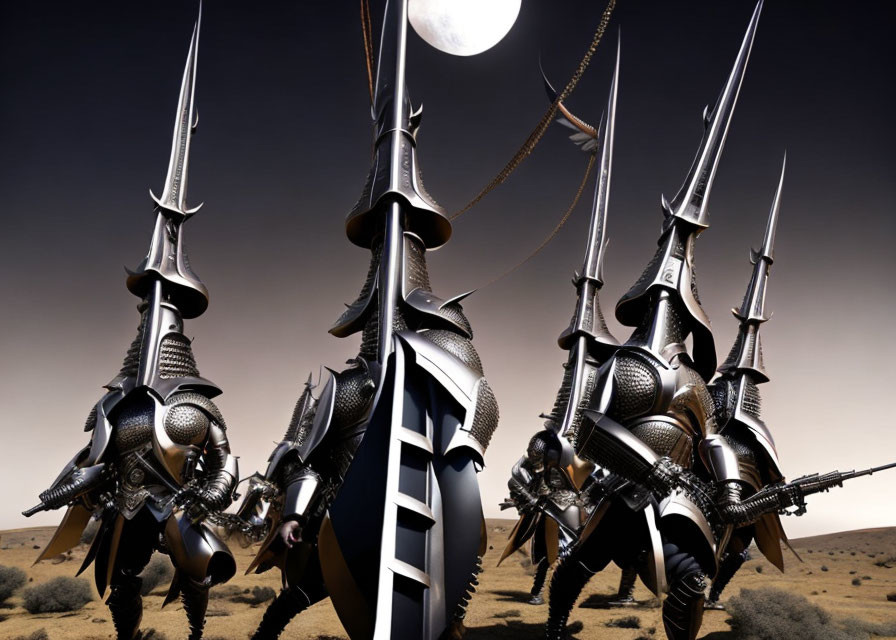 Elongated helmeted armored figures under a large moon in a surreal desert landscape