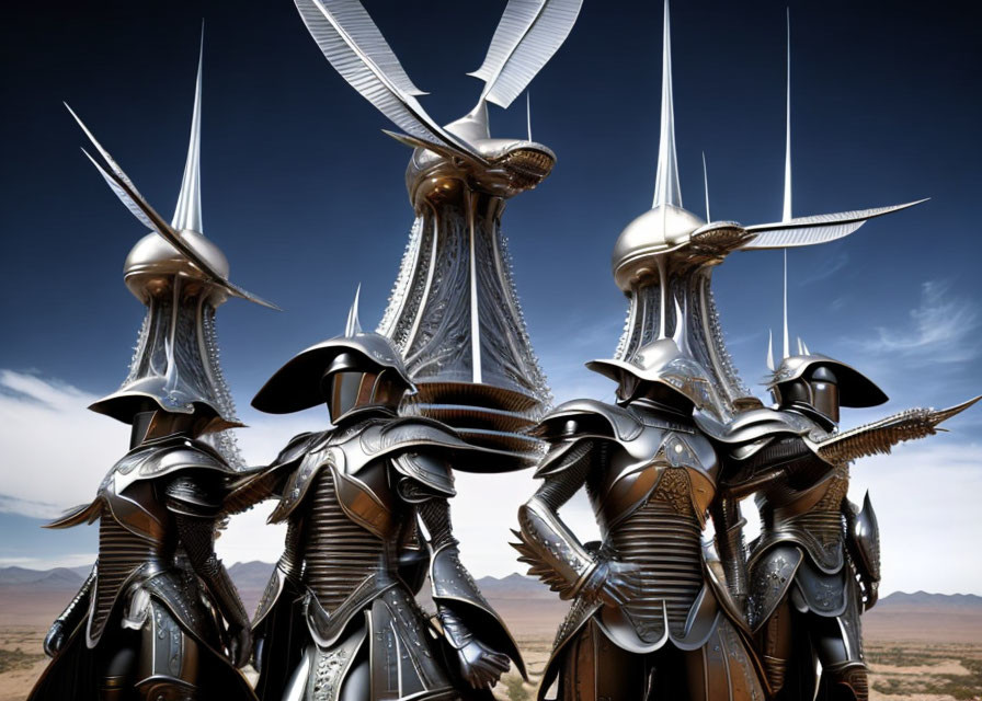 Four knights in ornate silver and gold armor with winged helmets in desert landscape