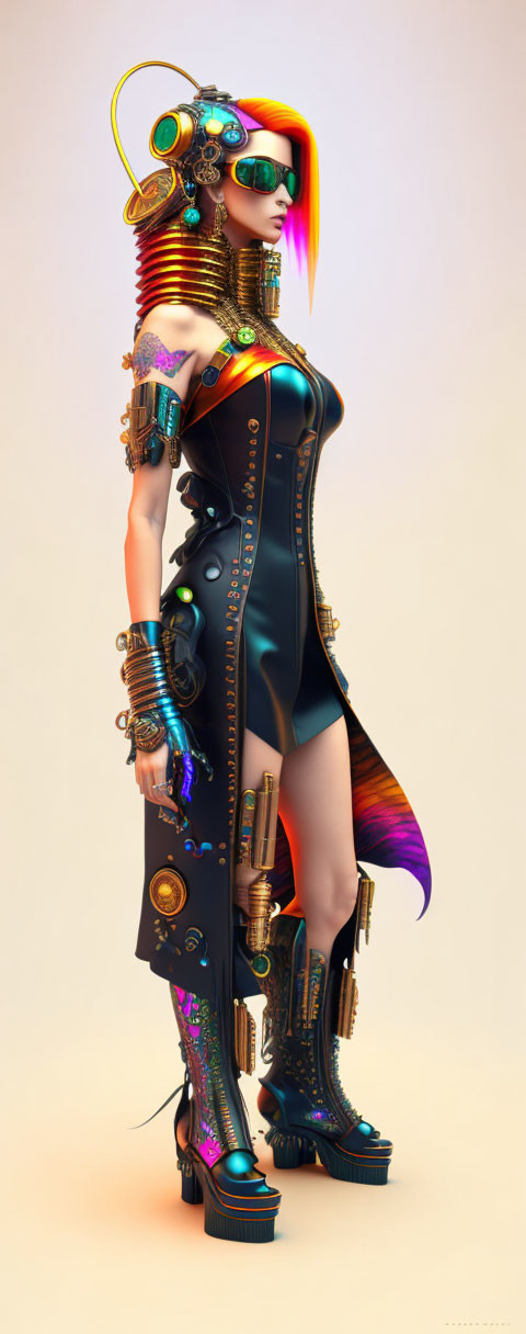 Futuristic female figure with cybernetic enhancements and multicolor hair in high-tech bodysuit