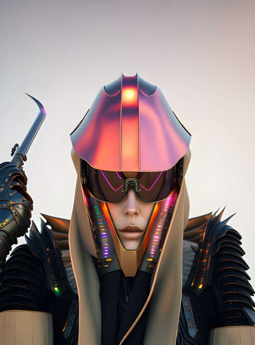 Futuristic warrior in reflective armor with glowing neon accents and blade