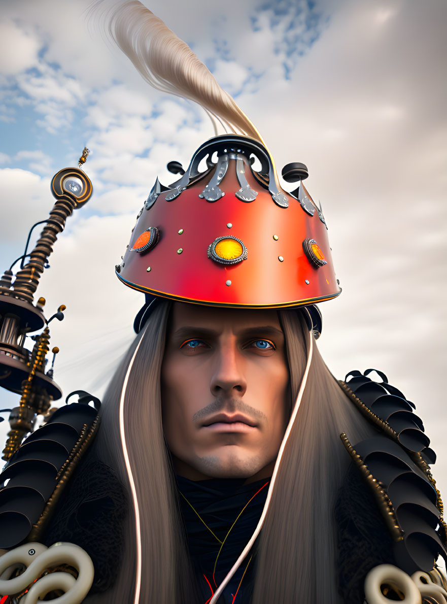 Digital Artwork: Person with Blue Eyes and White Hair in Futuristic Steampunk Helmet