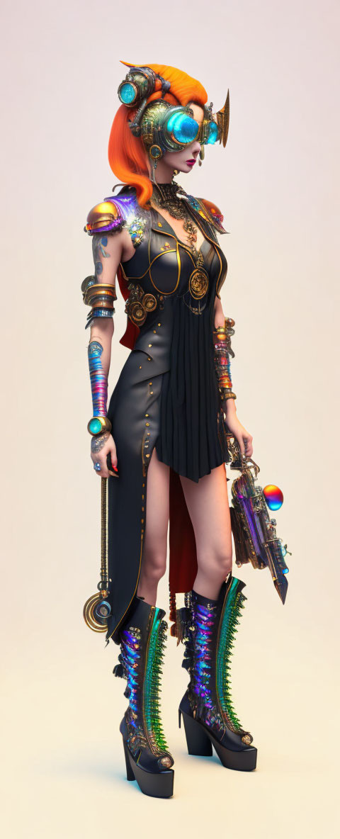 Futuristic female character with orange hair, cybernetic enhancements, ornate armor, and weapon