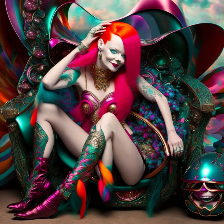 Vibrant red-haired woman in colorful attire on abstract, psychedelic background.