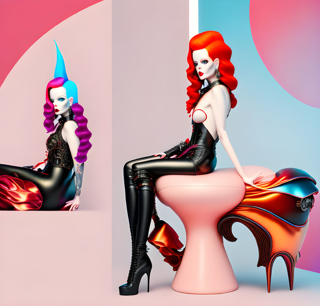 Stylized 3D female characters with vibrant hair on abstract pink and cyan furniture