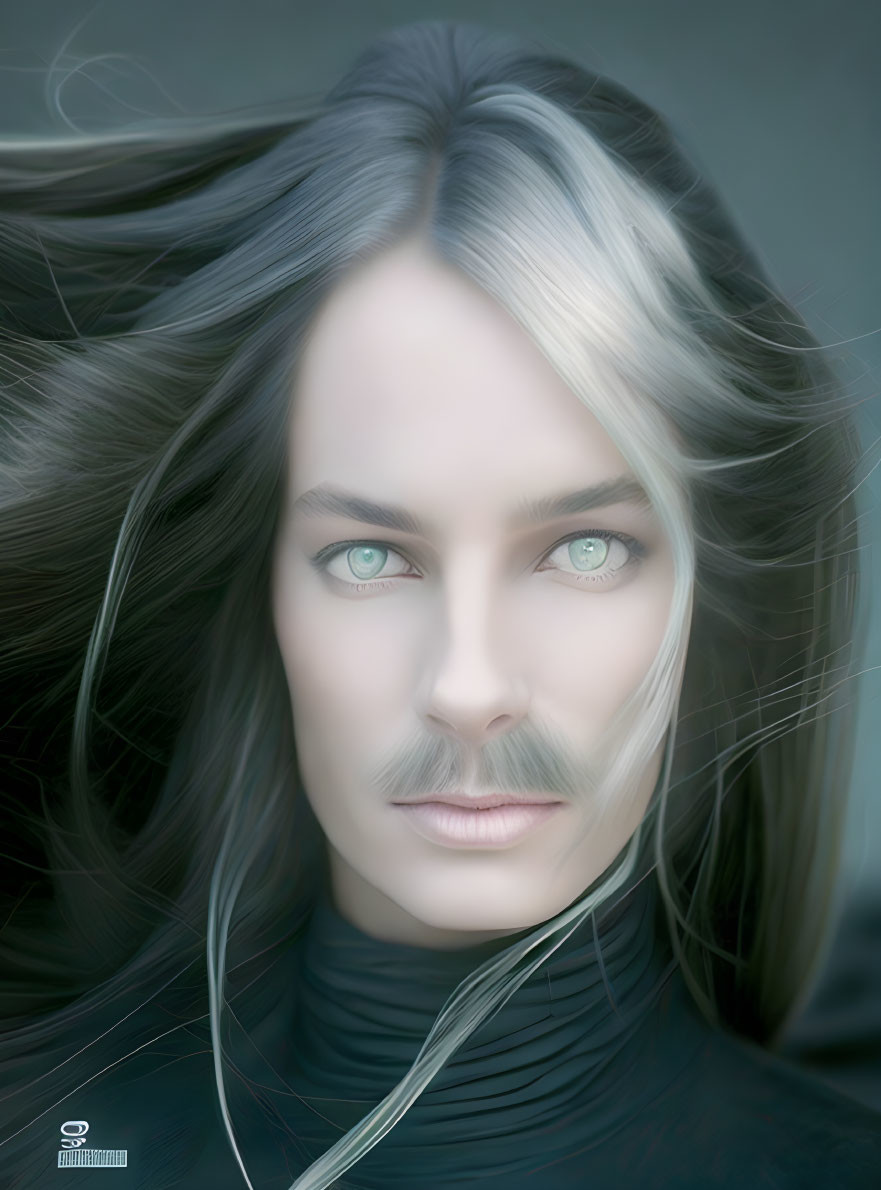 Digital Painting: Person with Green Eyes, Flowing Hair, and Mustache against Blurred Background