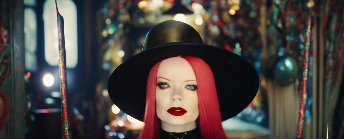 Vibrant woman with red hair and hat in colorful background