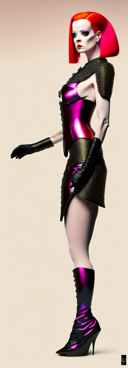 Stylized female figure with red hair and futuristic attire