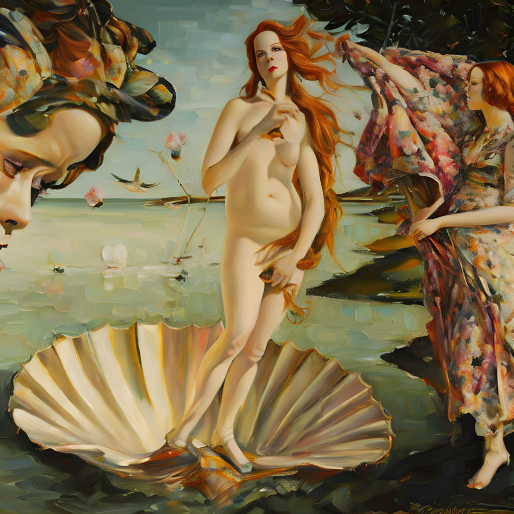 Surrealist painting of nude woman on giant shell with figures and blossoms