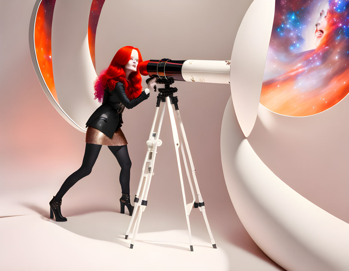 Red-haired woman gazes through telescope with cosmic swirl background.