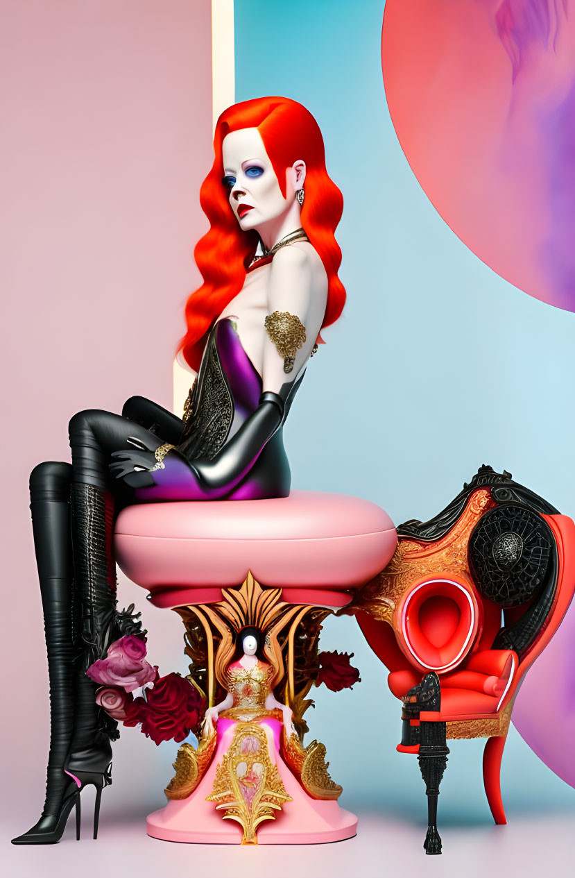 Stylized image of woman with red hair and makeup on pink stool next to red and black chair