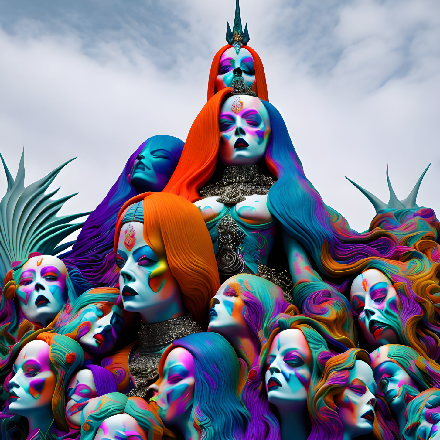 Colorful digital art: Pyramid of female faces with elaborate makeup and flowing hair against cloudy sky