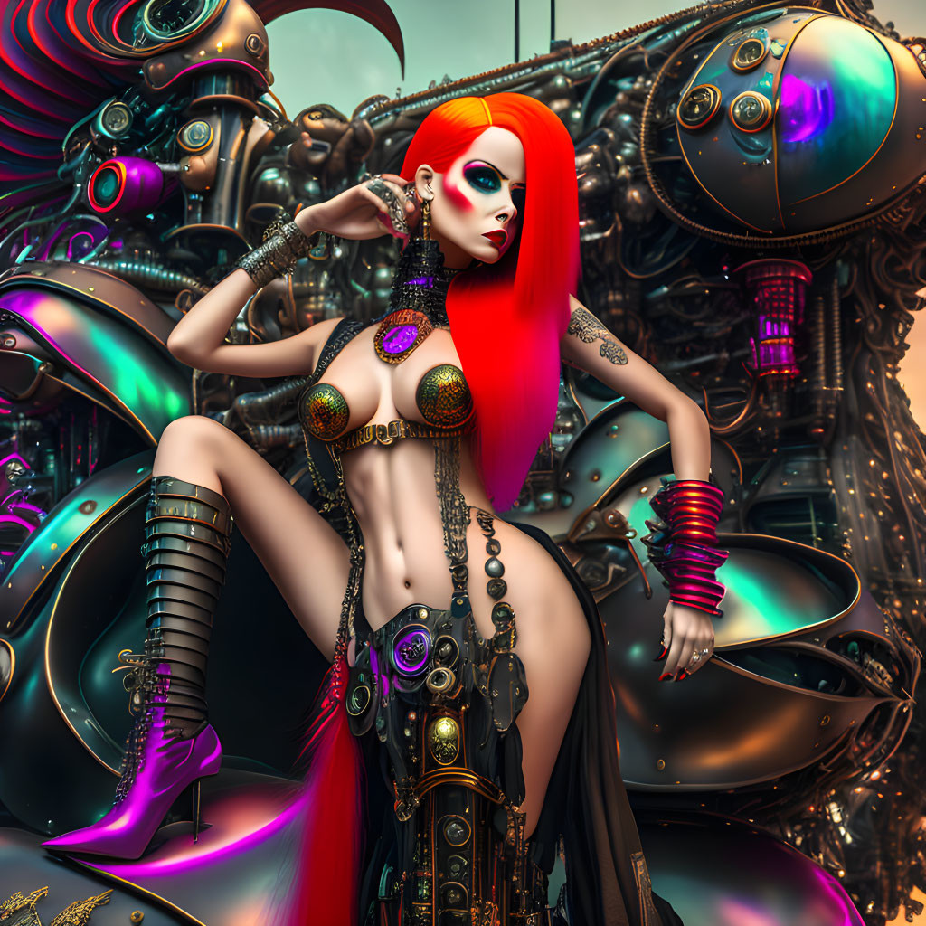 Futuristic female character with vibrant red hair and cybernetic elements in intricate mechanical setting