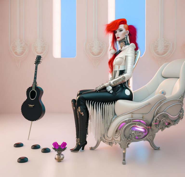 Vibrant red-haired woman in black and white outfit on futuristic armchair with guitar, stones,