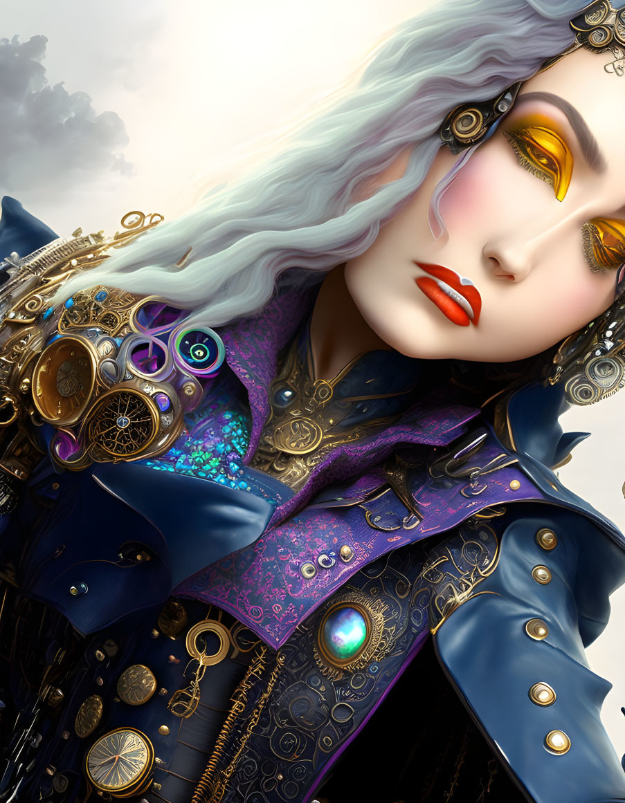 Steampunk-inspired digital art of woman with pale blue hair and golden mechanical eyes