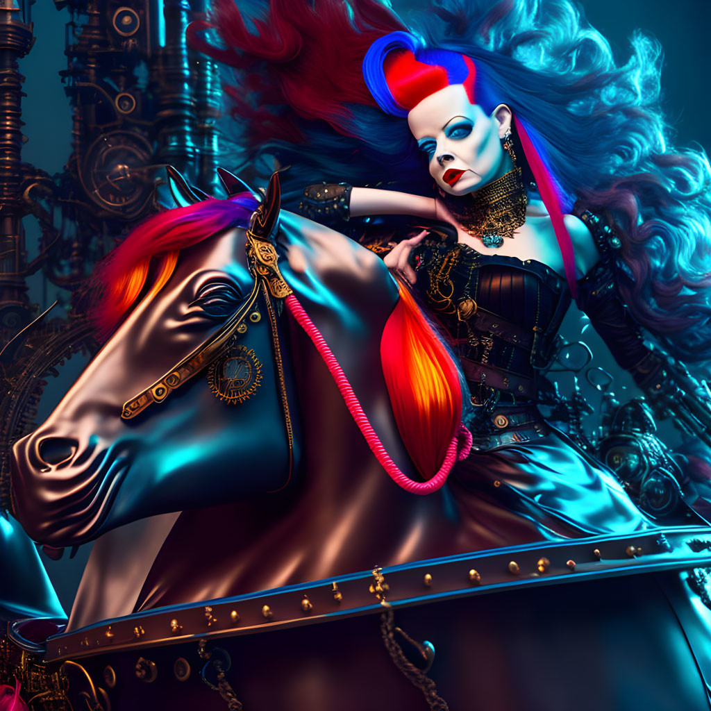 Colorful Stylized Image of Woman with Blue and Red Hair Riding Mechanical Horse