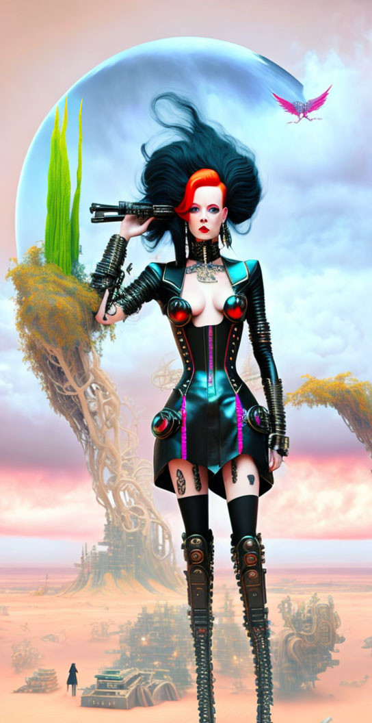 Futuristic woman with black and blue hair and large gun in cyberpunk attire on surreal moonlit