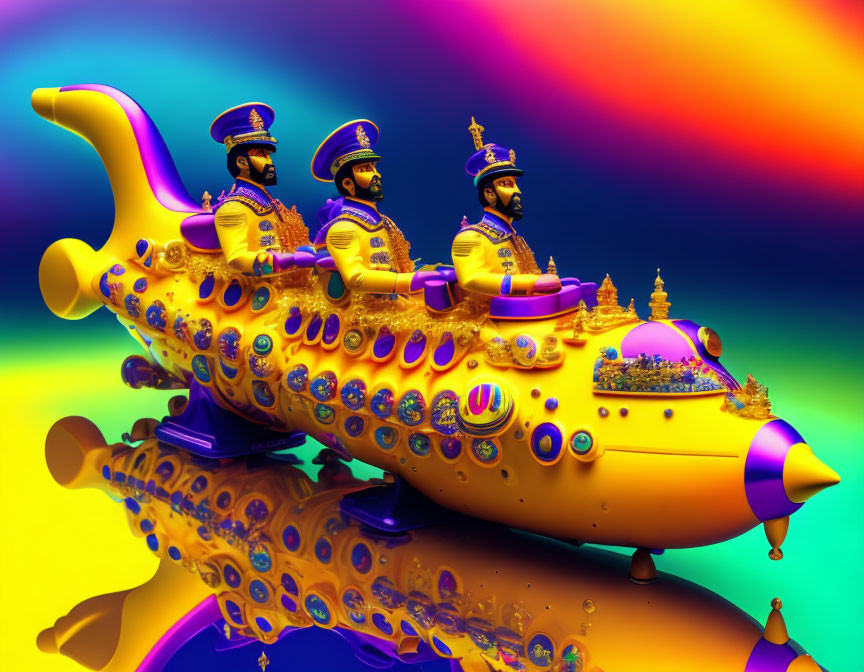 Whimsical uniformed figures on ornate submarine in surreal landscape