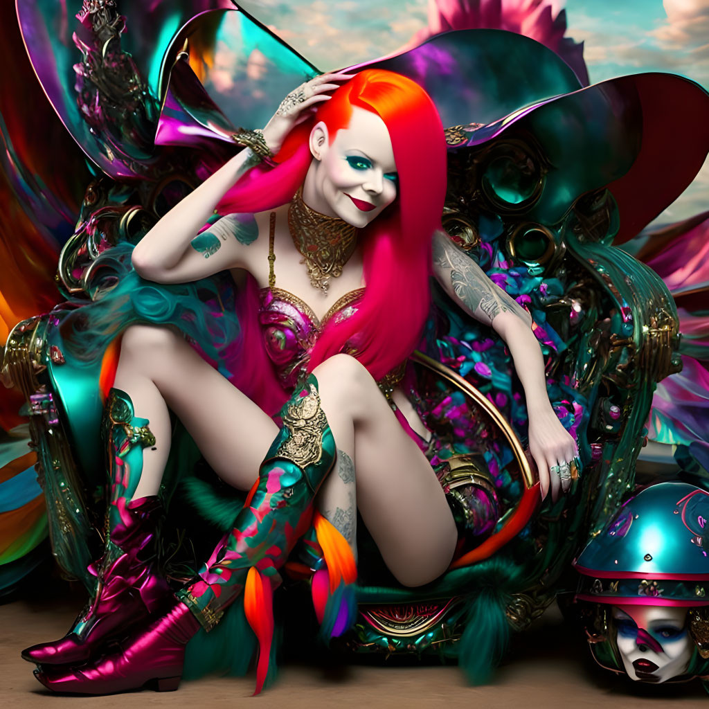 Colorful fantasy portrait of person with red hair and elaborate makeup in stylish boots surrounded by artistic objects