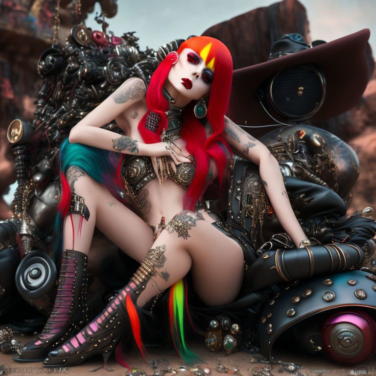 Digital art of character with red and rainbow hair in ornate attire against steampunk backdrop