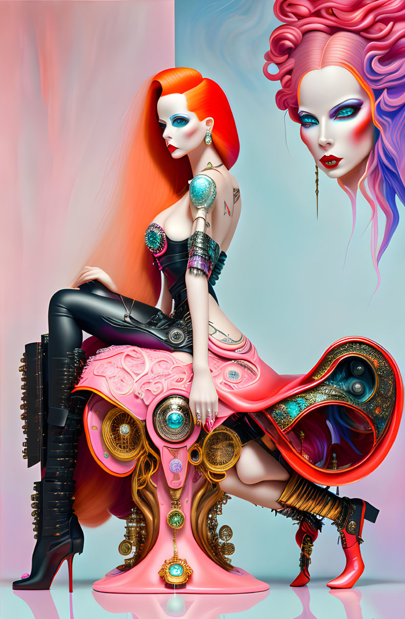 Stylized vibrant female figures with elaborate hairstyles and makeup on whimsical chair