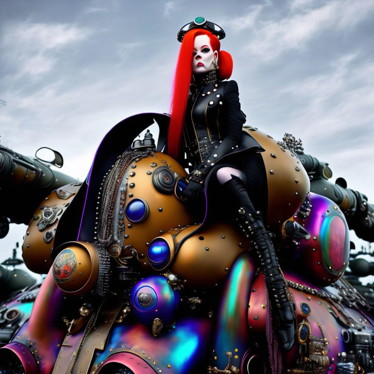 Red-haired woman in gothic attire rides mechanical octopus under cloudy sky