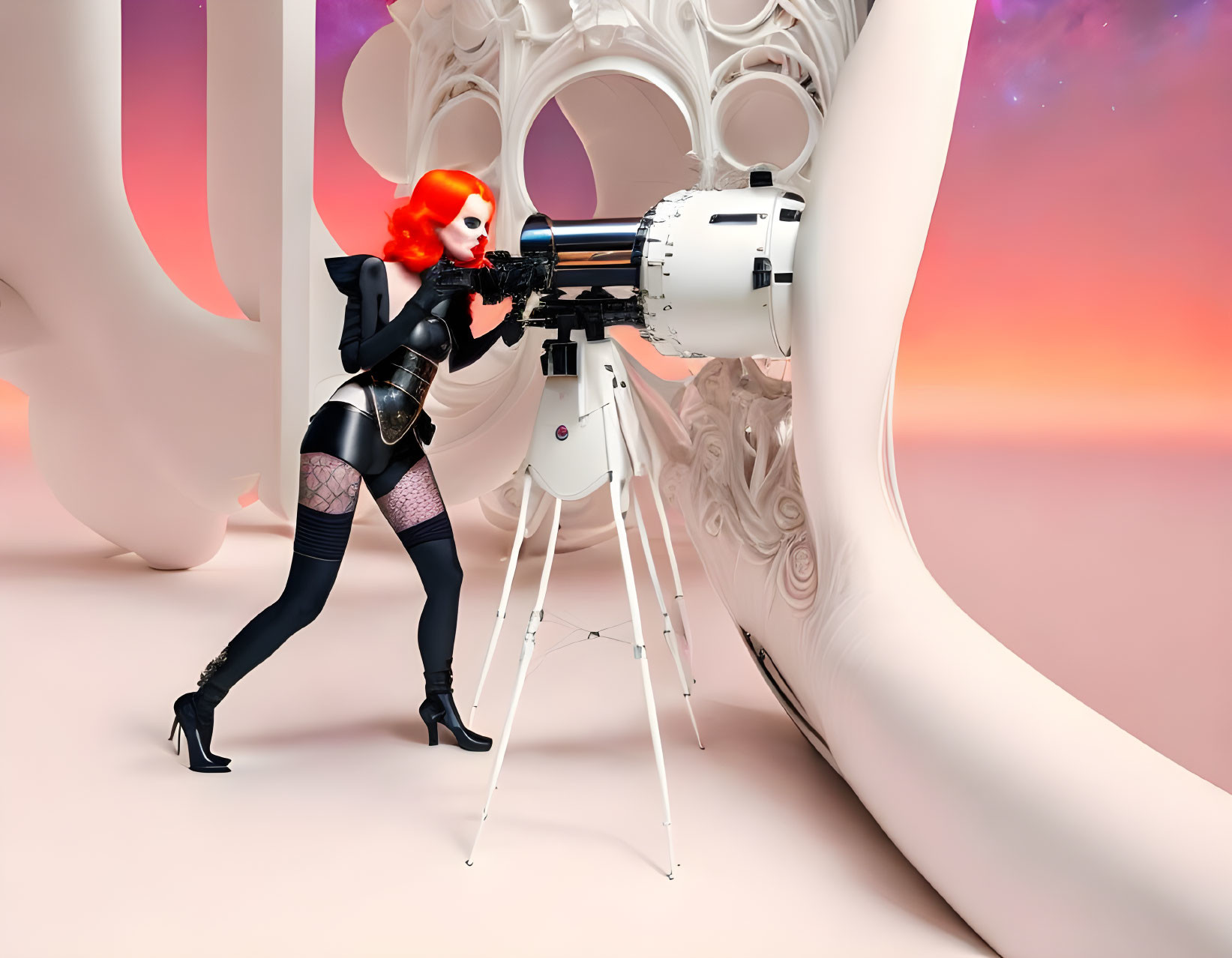 Red-haired person wearing a mask gazes through telescope in surreal room with bone-like structures and colorful neb