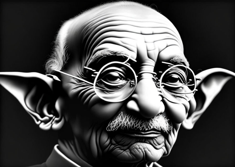 Male figure caricature with features of Mahatma Gandhi and Yoda in black and white.