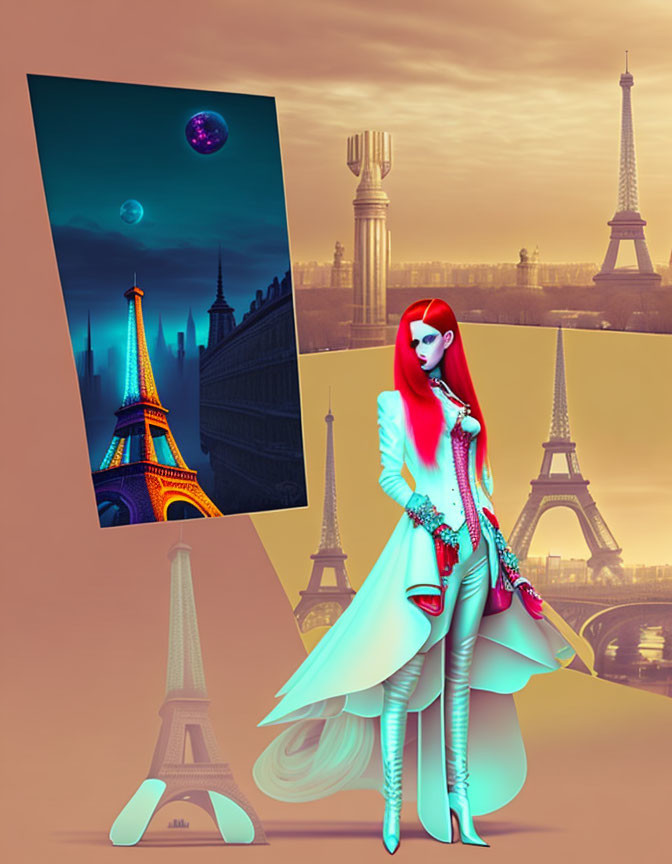 Vibrant Futuristic Woman Art with Eiffel Tower