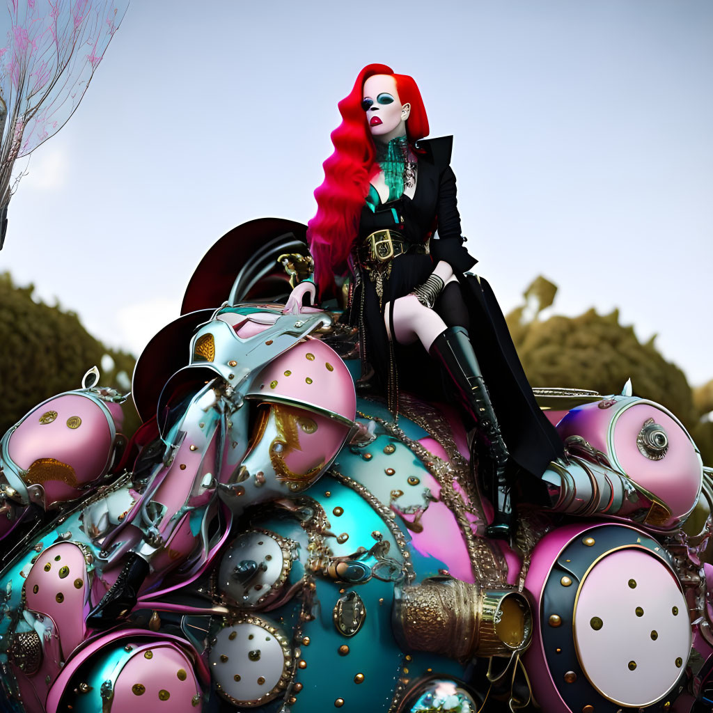 Stylized woman with red hair on steampunk spheres in garden